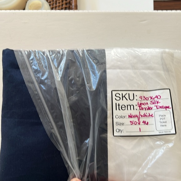 2 Pottery Barn Navy Linen White Silk Border Drape Curtain Panels 50x84 - Picture 4 of 5